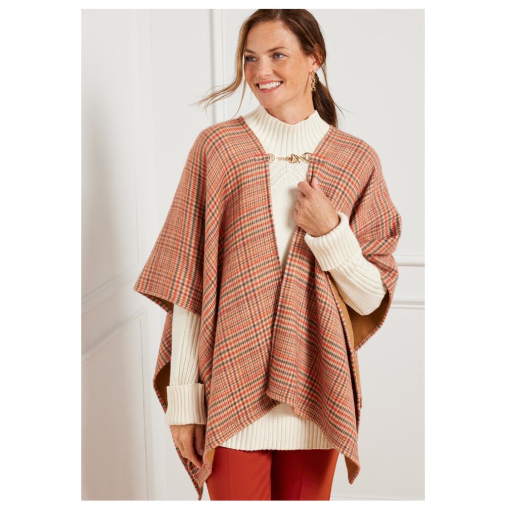 Talbots Tan Brown&Orange Campfire Plaid Toggle Closure Cape Ruana Sz.XS/S